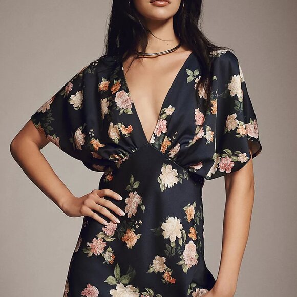 NWT BHLDN Leila Deep-V Flutter-Sleeve Satin A-Line Gown Navy/Martin Size 8 - Picture 1 of 7